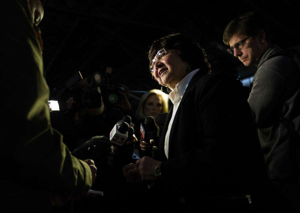 Former Dallas County Sheriff Lupe Valdez is interviewed by reporters at a campaign kickoff event on Sunday, Jan. 7, 2018, in Dallas. Valdez is running for governor of Texas. (Ashley Landis/The Dallas Morning News via AP)
