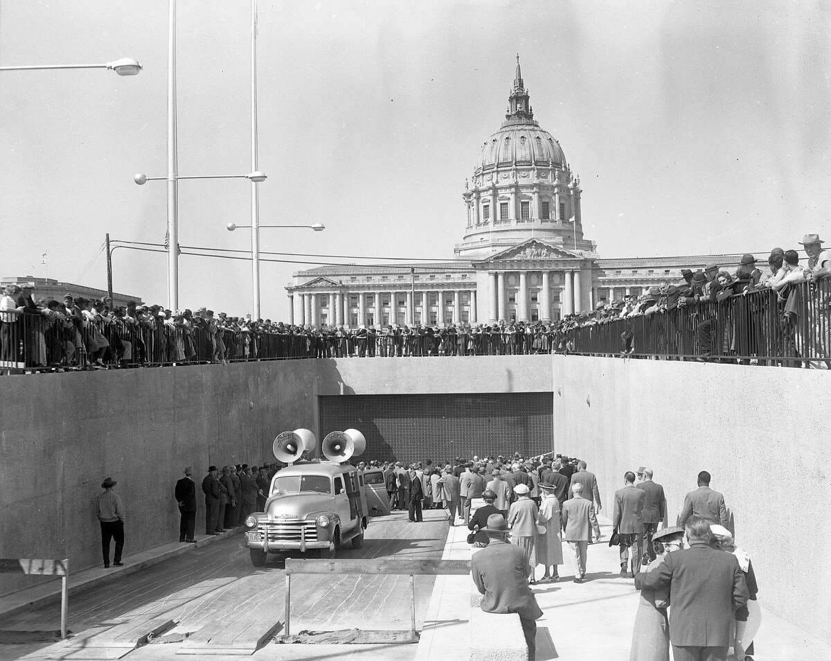 The opening of Brooks Hall .. known during construction as Mole Hall, below the Civic Center Plaza, April 11, 1958