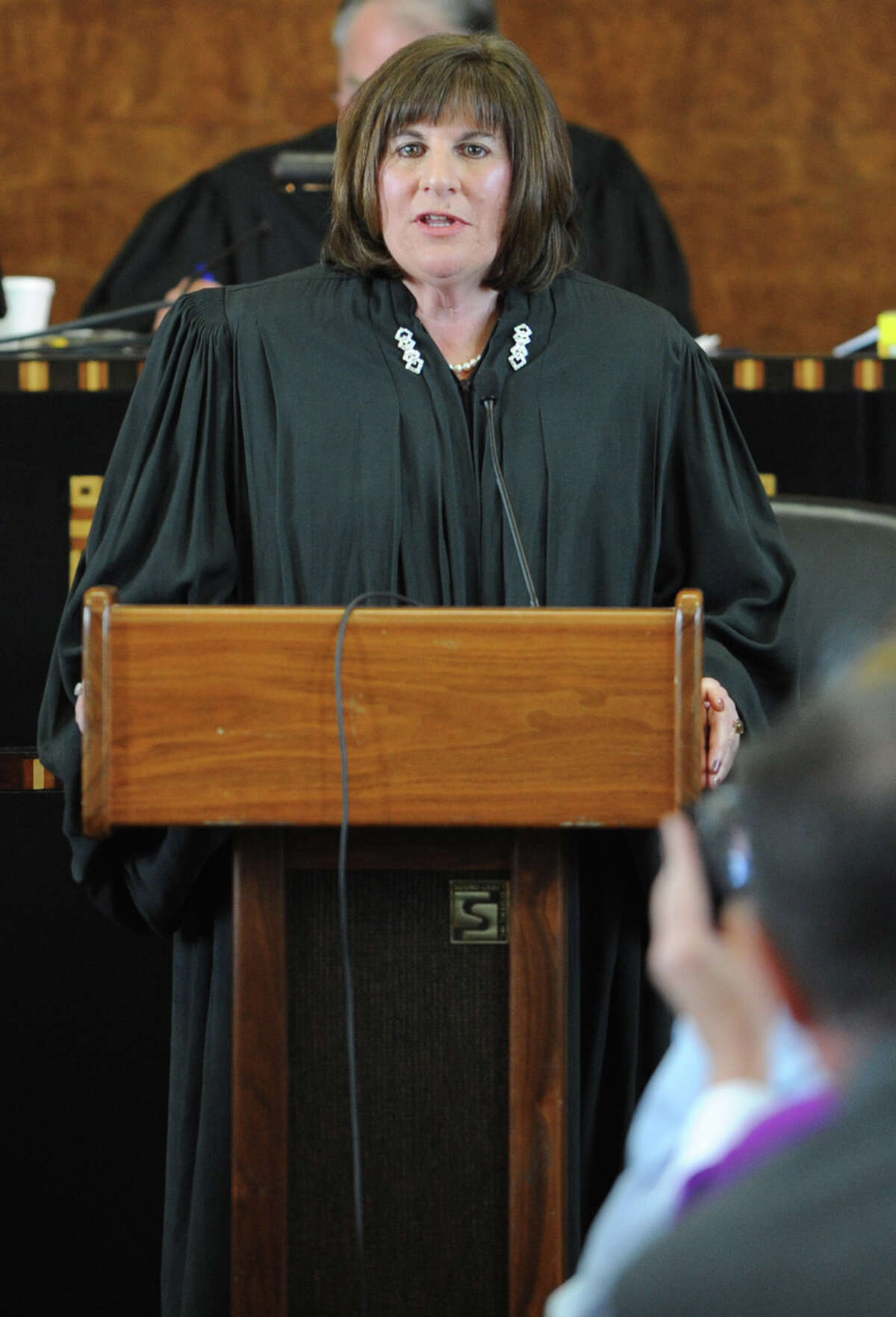 U.S. District Judge Mae D'Agostino speaks after being sworn in by Chief Judge Norman A. Mordue at the Federal Courthouse in Albany, N.Y. on Monday, Sept. 19, 2011. (Lori Van Buren / Times Union)