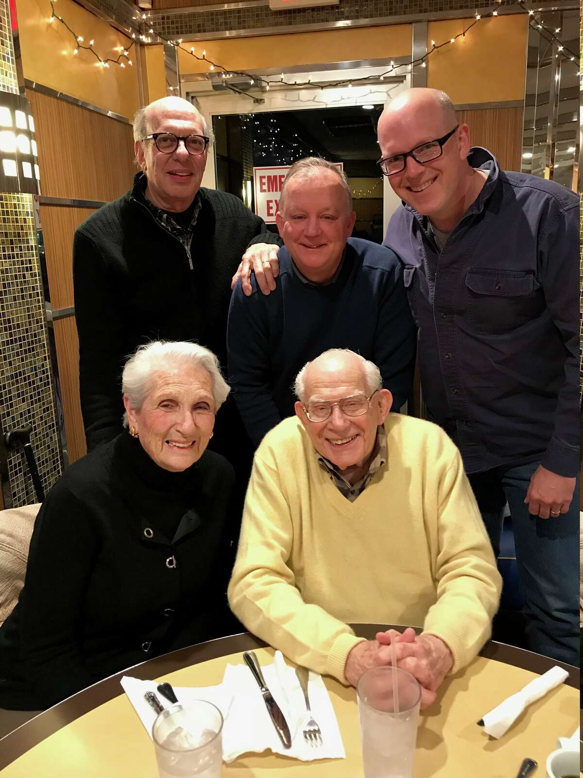 At the Capital Diner in Guilderland discussing "The Post": Anne and Harry Rosenfeld with (back row from left) Rob Brill, Paul Grondahl and Casey Seiler.