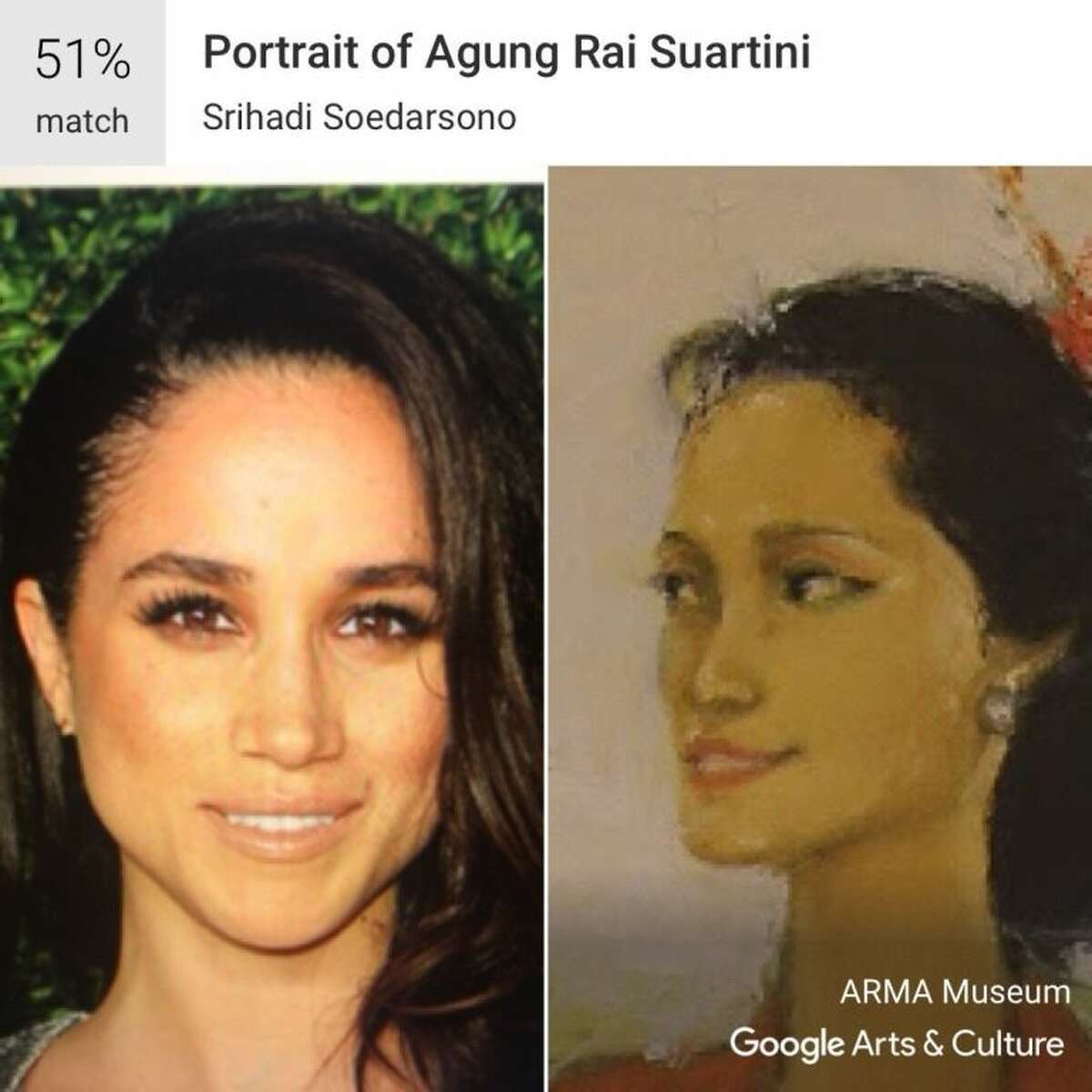 Google's Arts and Culture App compares your selfies to classic works of art and provides the best match, like this image of Meghan Markle to Srihadi Soedarsono's "Portrait of Agung Rai Suartini."