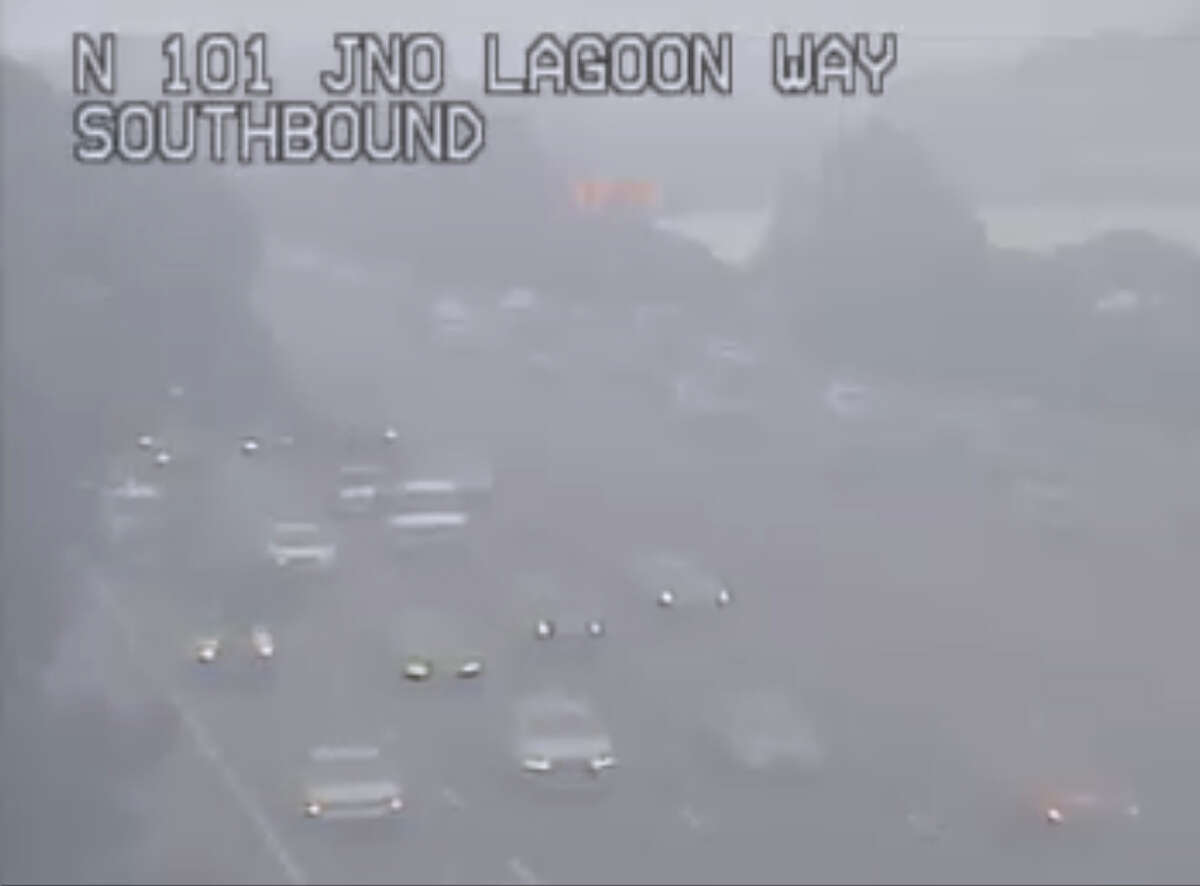 The view of traffic on Highway 101 near Lagoon Way. Heavy fog slowed the commute across the Bay Area on Tuesday, January 16, 2018.