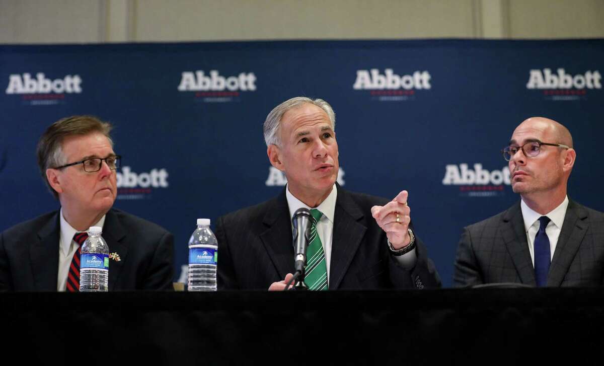 Governor Greg Abbott, center, Lt. Gov. Dan Patrick, left, and state Rep. Dennis Bonnen, right, are seen during a press conference about a new property tax proposal, at the Westin Galleria hotel, Tuesday, Jan. 16, 2018, in Houston.