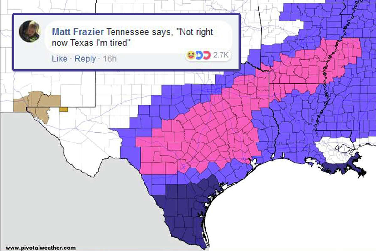 Matt Frazier: "Tennessee says, 'Not right now Texas I'm tired'" Facebook users had hilarious reactions to a weather map shared Tuesday, Jan. 16, 2018, by the Gulf Coast Storm Center.