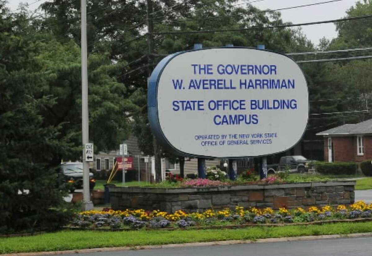 An entrance sign for the Harriman State Office Campus in Albany. (File photograph)