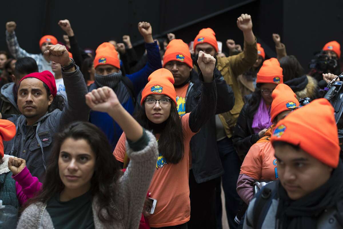 Protesters demonstrate over the fate of the Deferred Action for Childhood Arrivals program, on Capitol Hill in Washington, Jan. 16, 2018. President Donald Trump?•s incendiary words about immigration have dampened the prospects that a broad spending and immigration deal can be reached by the end of the week, raising the possibility of a government shutdown. (Tom Brenner/The New York Times)