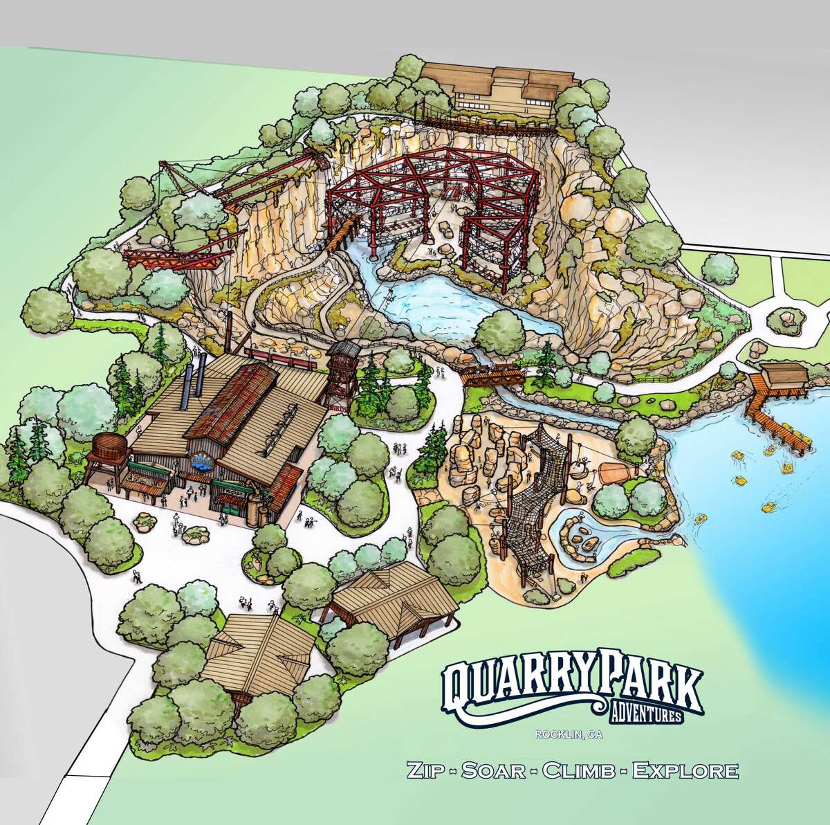 Quarry Park, a new themed attraction opening in Rocklin this year offers zip lines, a ropes course, and rock climbing activities, among other things.
