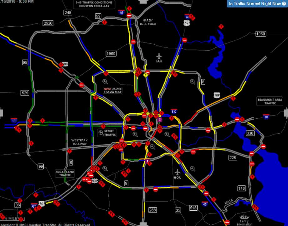 houston transtar real time traffic map Map Shows How Houston Drivers Are Struggling To Navigate Icy Roads Houston Chronicle houston transtar real time traffic map