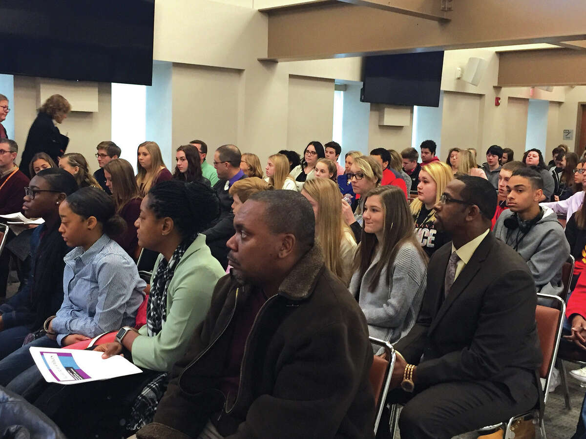 Students from across Madison County listen to a speaker during the “Conversation Towards a Brighter Future” program at the Mannie Jackson Center for the Humanities.
