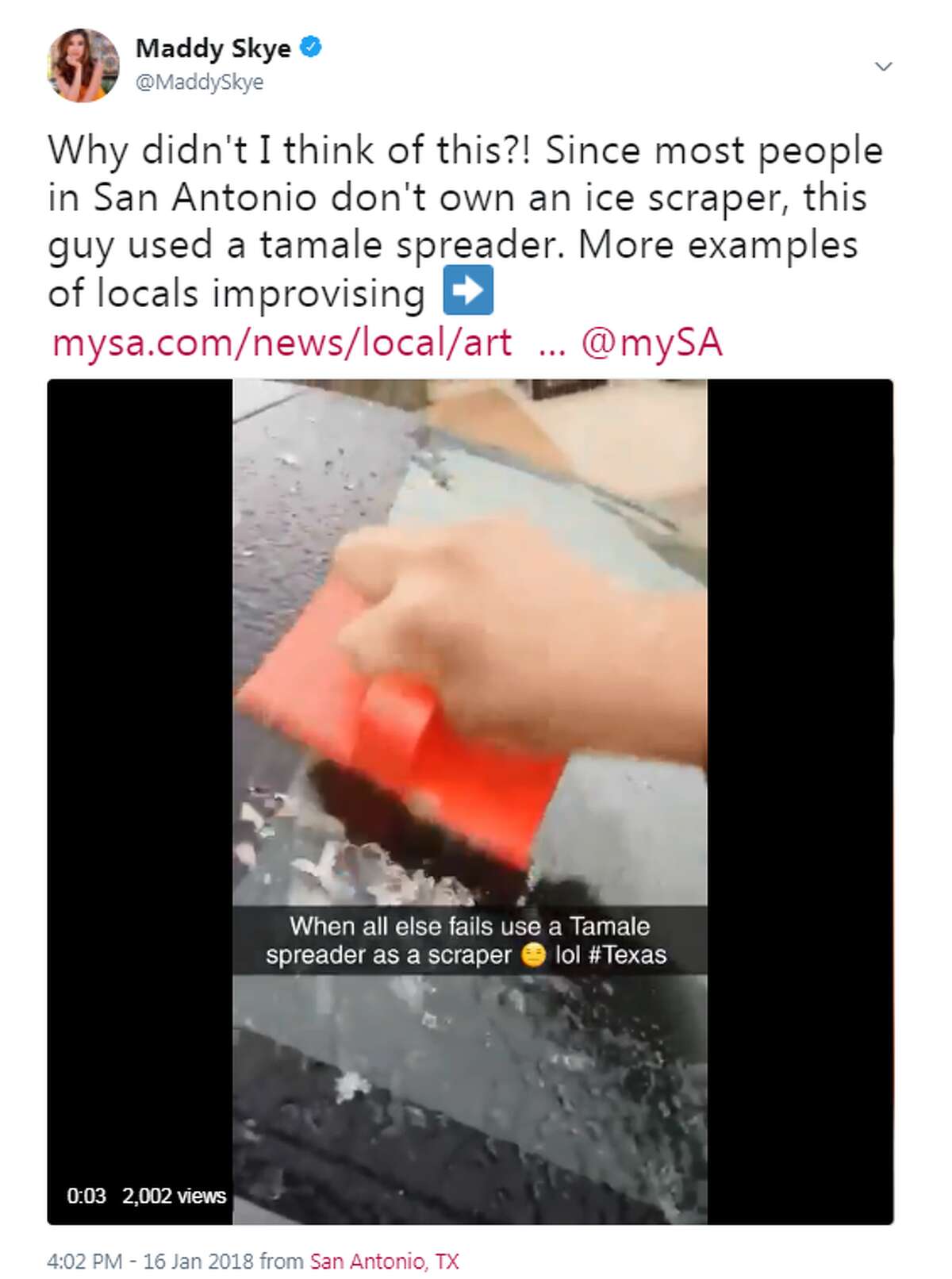 San Antonians, typically don't own ice scrapers, so they improvised with tamale spreaders Tamale scraper