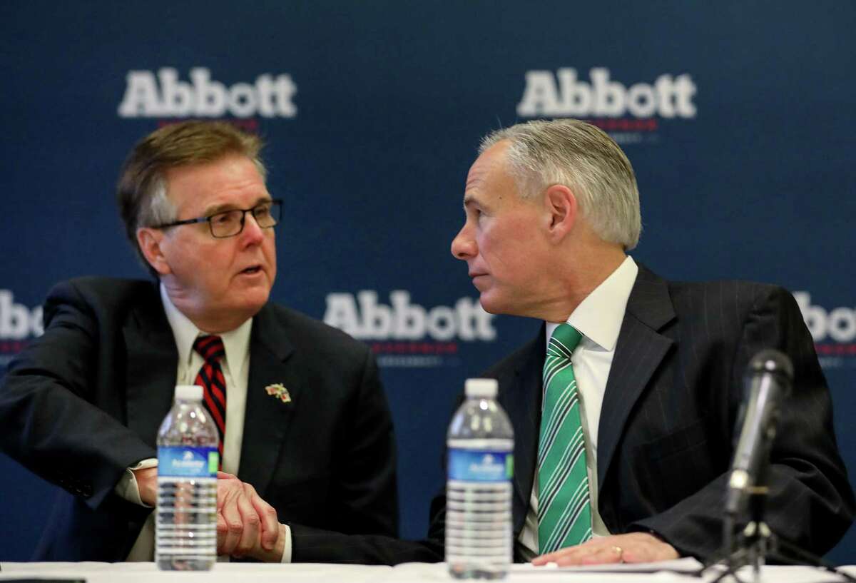 Governor Greg Abbott, right, shakes hands with Lt. Gov. Dan Patrick after a press conference about a new property tax proposal, at the Westin Galleria hotel, Tuesday, Jan. 16, 2018, in Houston. ( Jon Shapley / Houston Chronicle )