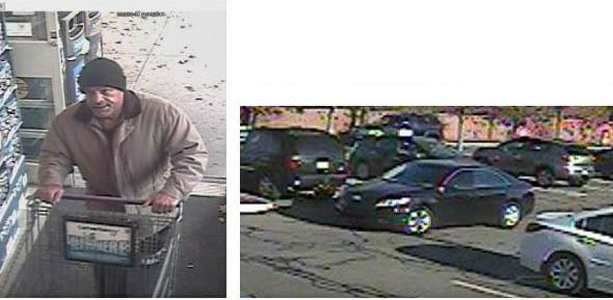 Police are looking for the man pictured in the photo on the left, who has allegedly been stealing wallets from grocery store patrons in Fairfield and Westport. At right is the car he was seen leaving in.