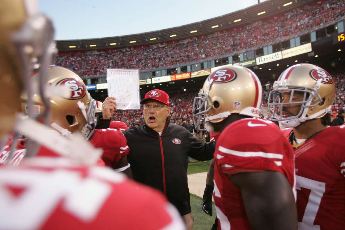 SAN FRANCISCO, CA - SEPTEMBER 16: Special Teams Coordinator Brad Seely of the San Francisco 49ers talks with the special teams during the game against the Detroit Lions at Candlestick Park on September 16, 2012 in San Francisco, California. The 49ers defeated the Lions 27-19. (Photo by Michael Zagaris/San Francisco 49ers/Getty Images)