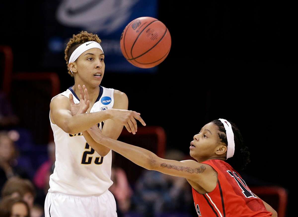 California's Layshia Clarendon, left, passes in front of Georgia's Tiaria Griffin during the first half in a regional final in the NCAA women's college basketball tournament, Monday, April 1, 2013, in Spokane, Wash. (AP Photo/Elaine Thompson)