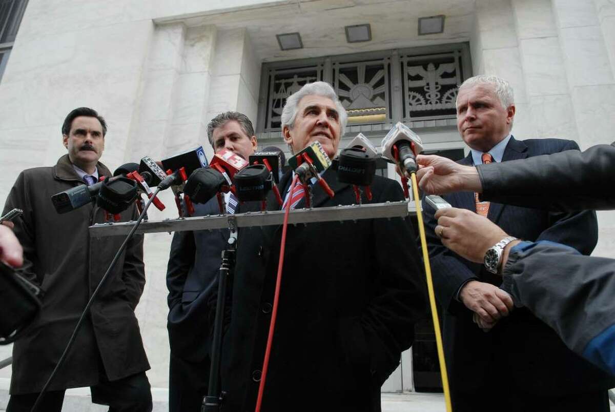 Ex-State Sen. Joseph Bruno talks to the media after exiting the federal courthouse in Albany, NY on Tuesday afternoon, Dec. 1, 2009. The defense and prosecution were called back to the courthouse because the jury had asked for a read back of some testimony as they deliberate. (Paul Buckowski / Times Union)