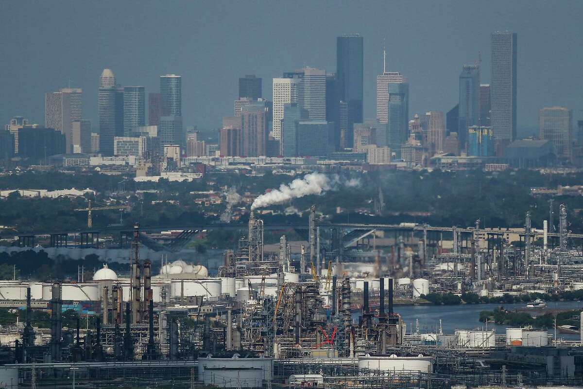 Aerial view of downtown Houston and chemical plants along the Houston Ship Channel Wednesday, September 7, 2016. ( Michael Ciaglo / Houston Chronicle )
