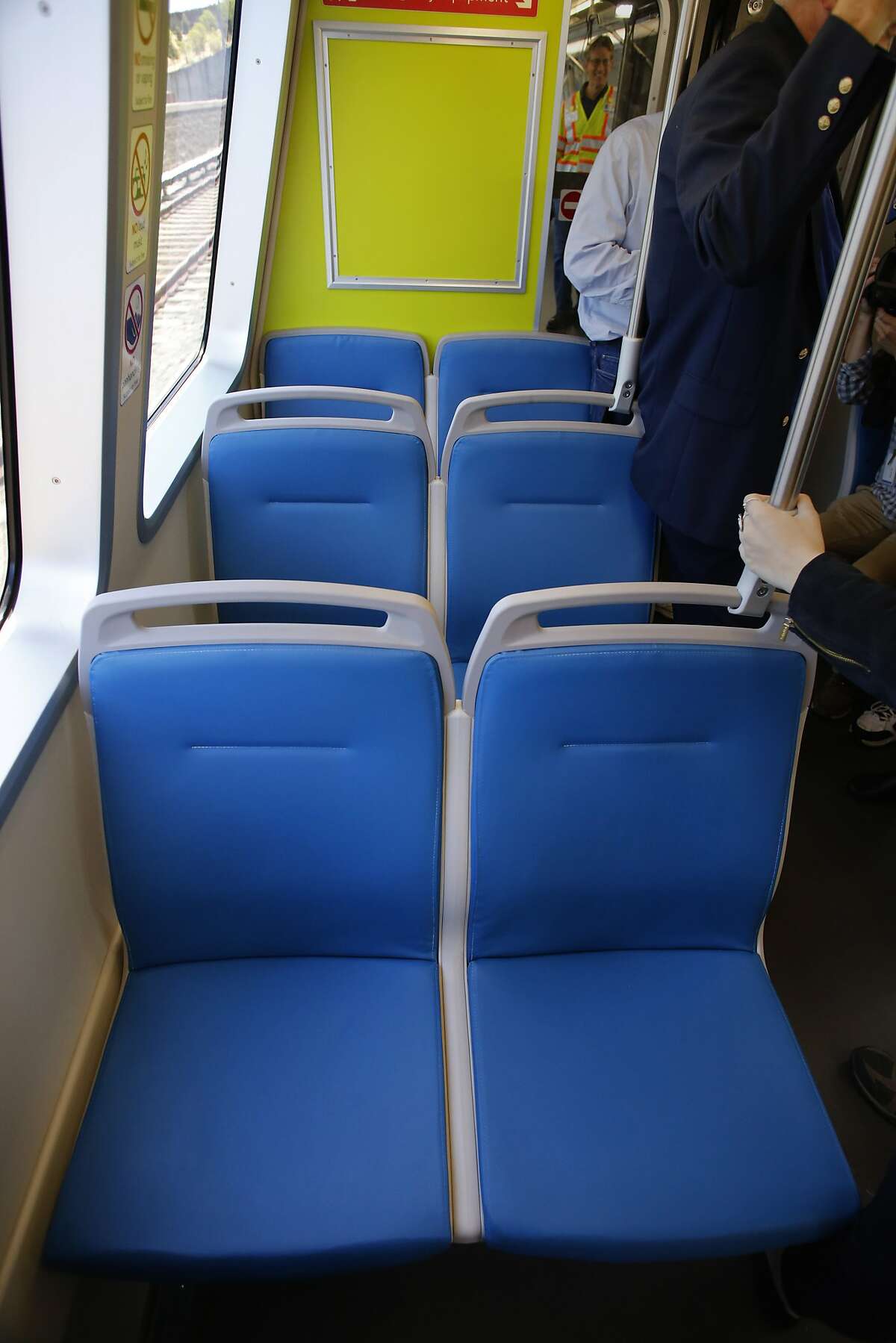 BART shows off one of their new train cars during a demonstration run at the South Hayward station, Ca., as seen on Mon. July 23, 2017. The new seats are said to be easier to keep clean.