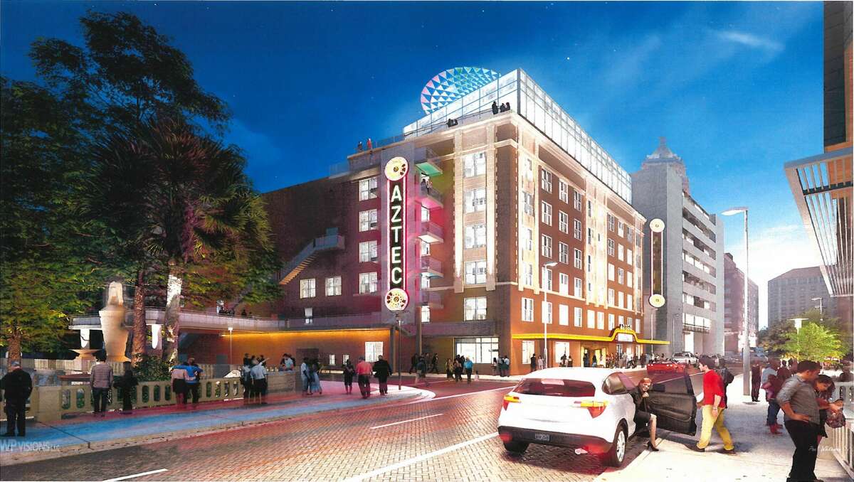 Design renderings submitted to the city of San Antonio Jan. 17, 2018, show a proposed hotel to be built in several floors of the Aztec Theatre building. The live music venue will remain, according to a local developer.