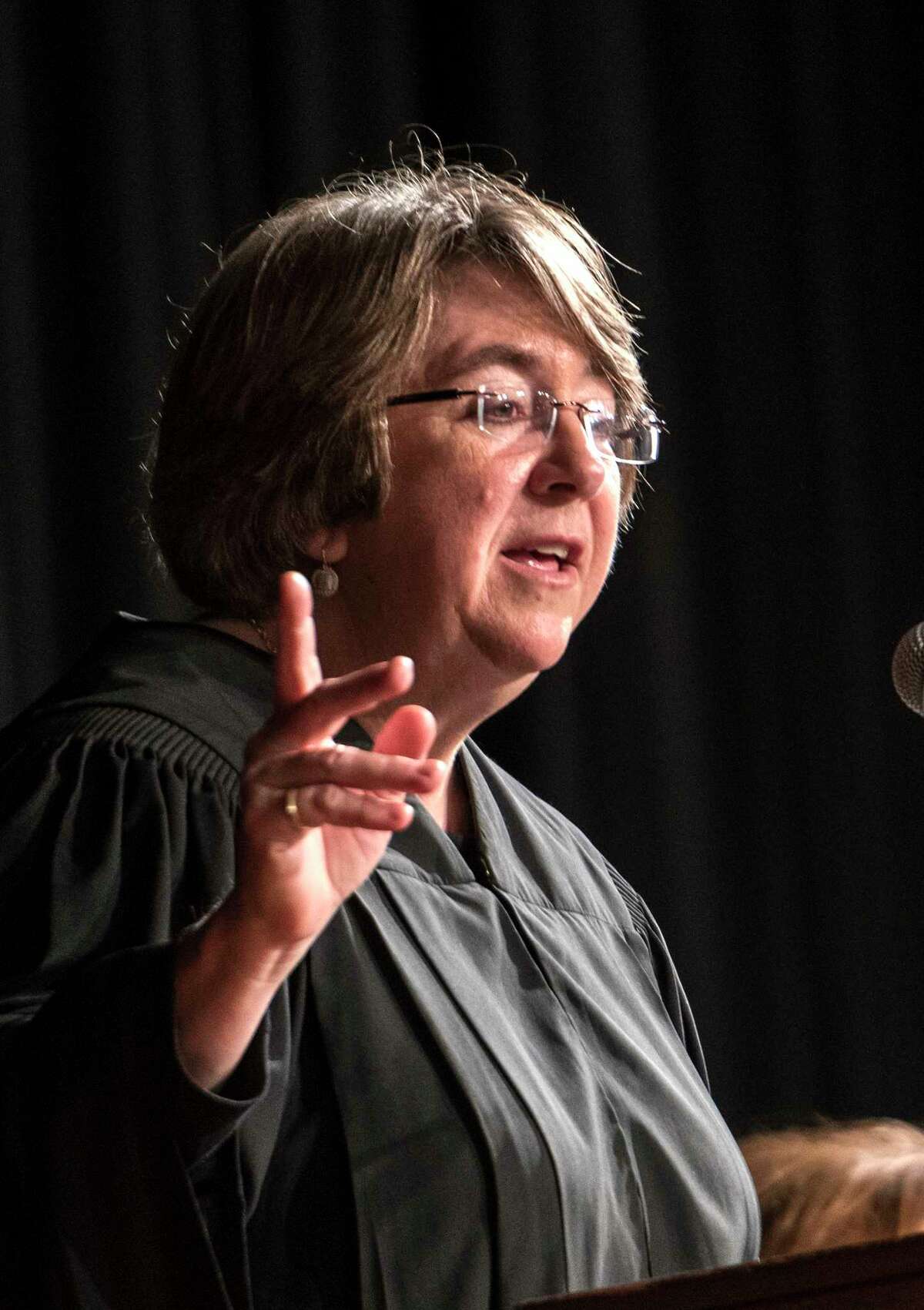 Hon. Elizabeth A. Garry, Presiding Justice New York State Supreme Court, Appellate Division, Third Department welcomes the 747 new attorneys of the New York State Bar at a ceremony held at the Convention Center at the Empire State Plaza Thursday Jan 17, 2018 in Albany, N.Y. (Skip Dickstein/ Times Union)