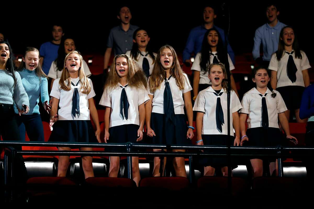 A youth choir sings a song from "Dear Evan Hansen" as The Curran Theatre announces its four show 2018 main stage season in San Francisco, Calif., on Wednesday, January 17, 2018.