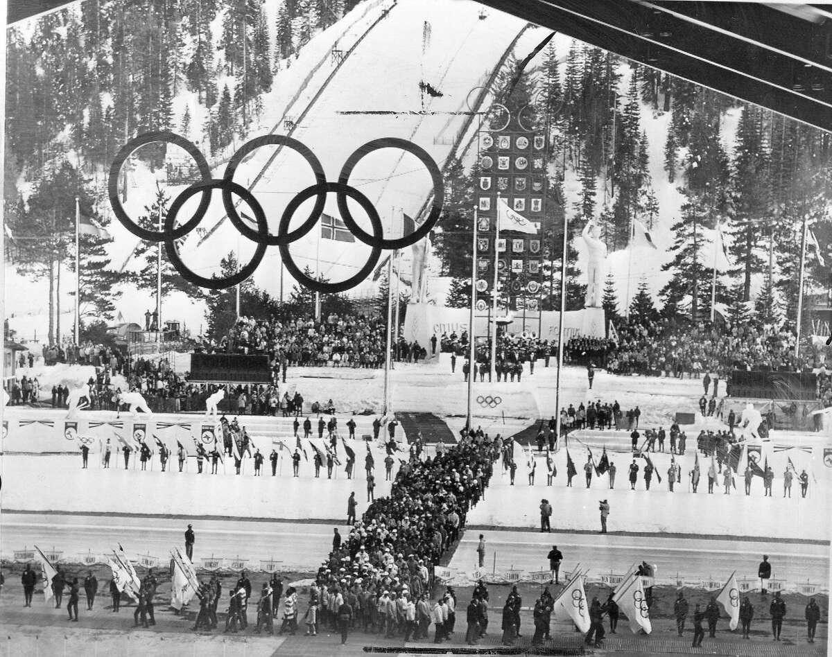 The 1960 Winter Olympic Games in Squaw Valley Parade of Athletes during the closing ceremonies. Instead of marching by country, all of the athletes are intermingled February28, 1960 Associated Press photo
