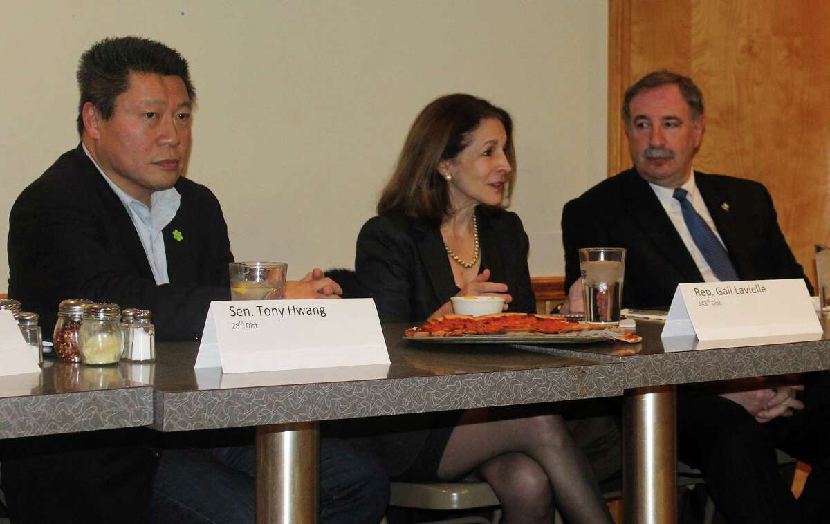 State Sen. Tony Hwang, Rep. and state Reps. Gail Lavielle, and Jonathan Steinberg spoke at the Politics and Pie information session sponsored by the Westport League of Women Voters on Jan. 17.