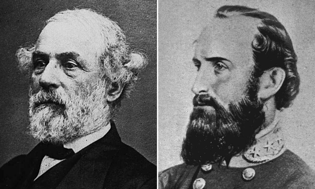 REMOVES REFERENCE OF WHEN PHOTO OF ROBERT E. LEE WAS TAKEN -- FILE -- General Robert E. Lee, left, is seen here in an undated file photo and Stonewall Jackson, is seen an undated artist drawing. For years, Virginia has marked an odd hybrid of a holiday that honored not only civil rights leader Martin Luther King Jr. but Confederate generals Robert E. Lee and Stonewall Jackson as well. Staring Friday, Jan 12, 2001, the state will celebrate a new state holiday just for the two Civil War generals. King's birthday will be noted on Monday. It means a four-day weekend for more than 100,000 state employees. (AP Photo/files)