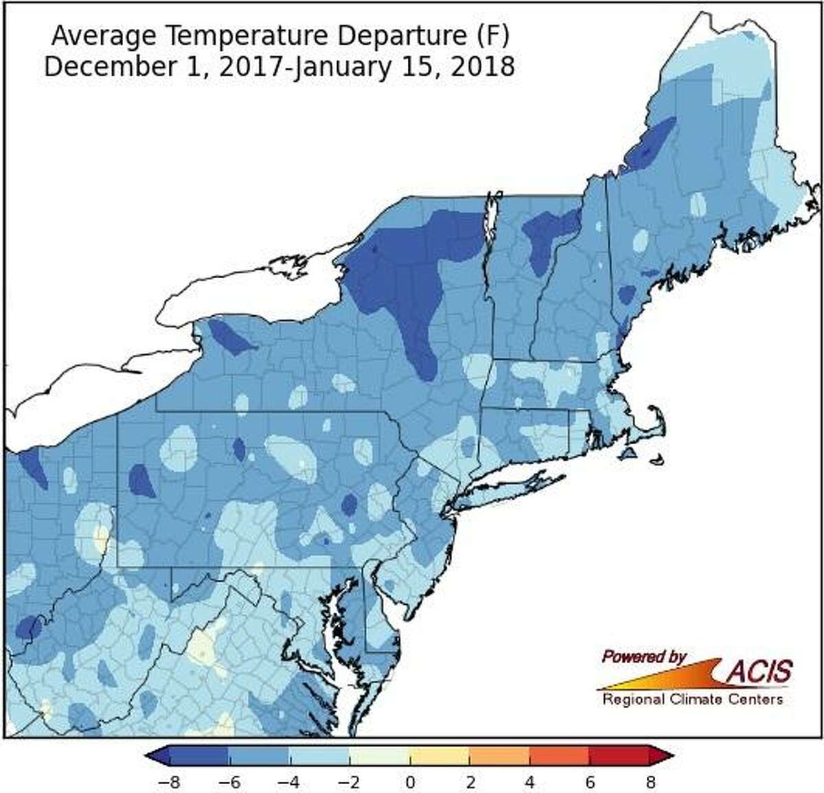 According to the Northeast Regional Climate Center, from Dec. 1, 2017 to Jan. 15, 2018, Sikorsky Memorial Airport’s temperature was 3.6 degrees below normal.
