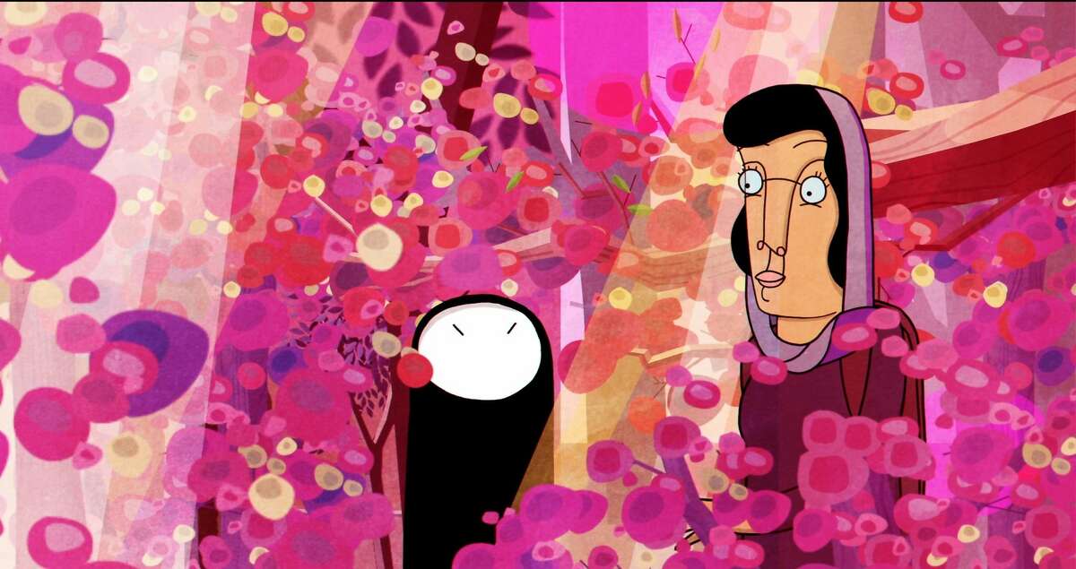 Rosie, left, and Mehmaz in the flowers, a still from animated film "Window Horses: The Poetic Persian Epiphany of Rosie Ming"