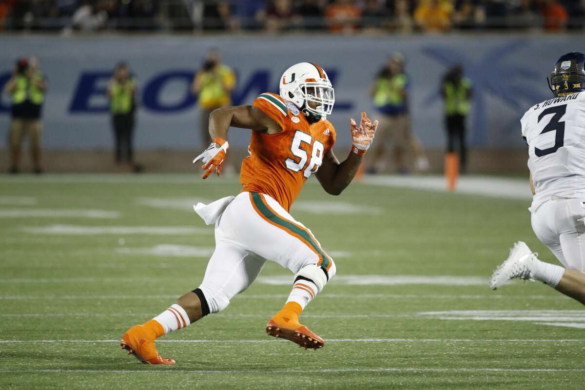 ORLANDO, FL - DECEMBER 28: Darrion Owens #58 of the Miami Hurricanes in action during the Russell Athletic Bowl against the West Virginia Mountaineers at Camping World Stadium on December 28, 2016 in Orlando, Florida. Miami defeated West Virginia 31-14. (Photo by Joe Robbins/Getty Images)