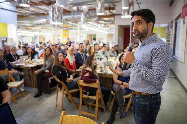 Salman Khan founder of Khan Academy, a non-profit educational organization created in 2006, addressing staff at an Onsite meeting at company headquarters Wednesday 17  January 2018 in San Francisco, CA.