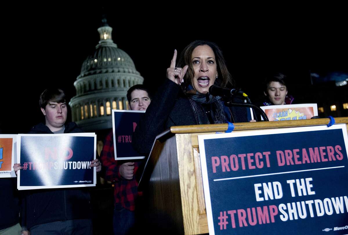 Sen. Kamala Harris D-Calif., speaks during a rally in support of the Deferred Action for Childhood Arrivals (DACA), and to avoid the government shut down on Capitol Hill, Friday, Jan. 19, 2018, in Washington. ( AP Photo/Jose Luis Magana)