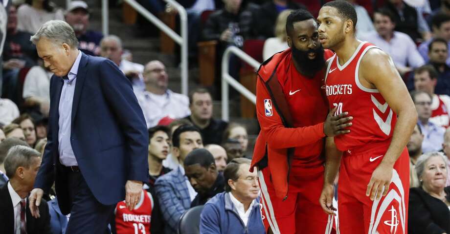 Houston Rockets guard James Harden (13) talks to guard Eric Gordon (10) during a break in the action during the second quarter of an NBA basketball game at Toyota Center on Saturday, Jan. 20, 2018, in Houston. Photo: Brett Coomer/Houston Chronicle