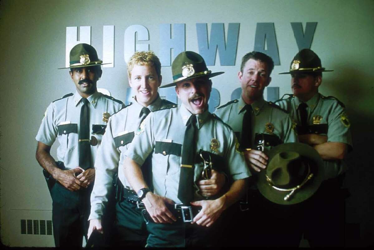 Jay Chandrasekhar, Paul Soter, Steve Lemme, Erik Stolhanske, and Kevin Heffernan in "Super Troopers".