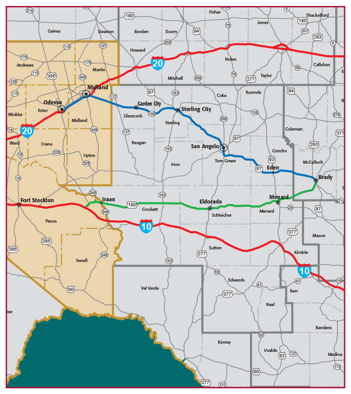 A map of Interstate 14 through San Angelo and to Midland.