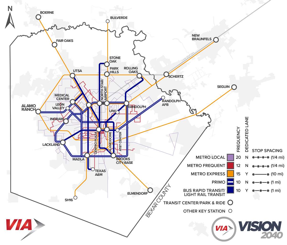 Vision 2040's Long Range Plan System includes rapid transit near the center of San Antonio plus transportation to the city's suburbs.