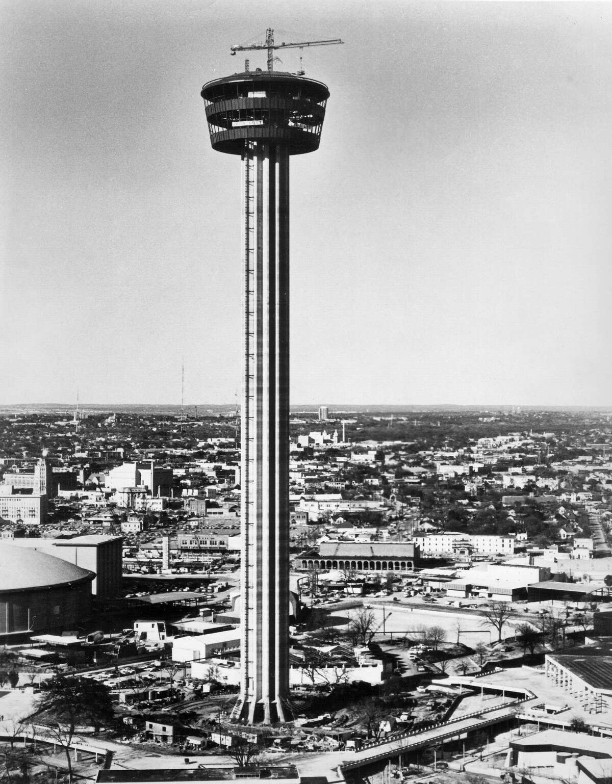 This file photo shows the Tower of the Americas as it appeared shortly after the 'tophouse' was hoisted into place at the top of its concrete shaft, in early 1968. By most accounts, construction of the tower posed the biggest challenge for developers of the World's Fair, HemisFair '68.