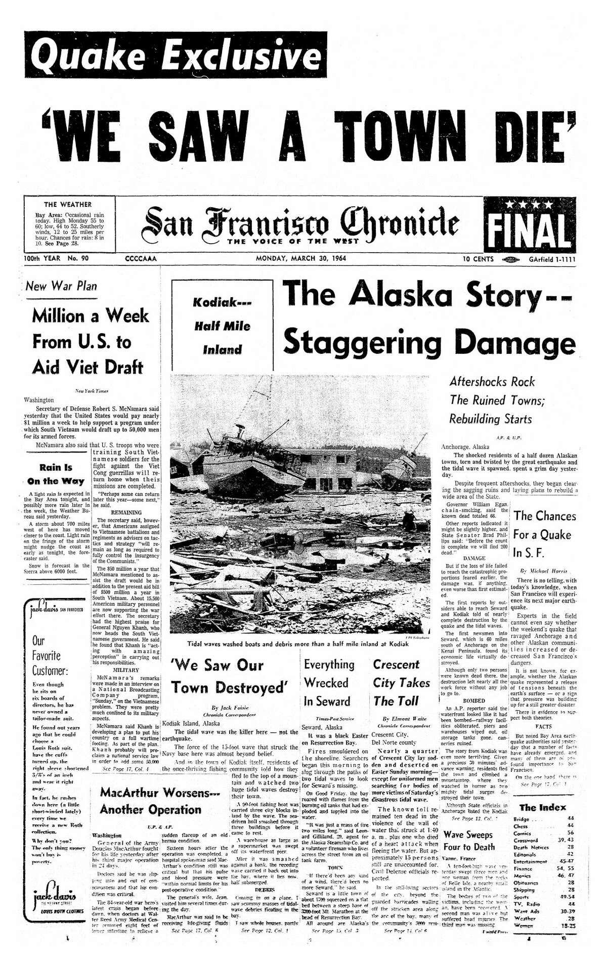 The San Francisco Chronicle reports on the 1964 tsunami that caused severe damage in Crescent City, Calif. It was triggered by a 9.2 earthquake in Alaska.