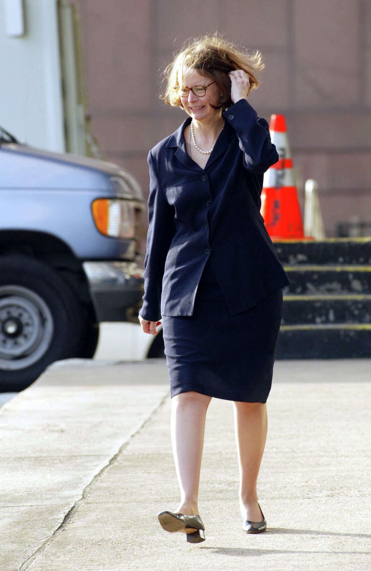 US District Judge Melinda Harmon arrives at the federal courthouse in Houston, Texas, for the beginning of the third week in the Arthur Andersen trial on Monday, May 20, 2002. Photographer: Craig Hartley/Bloomberg News