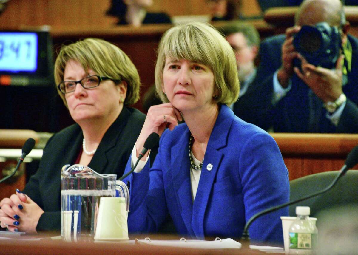 SUNY CFO Eileen G. McLoughlin, left, and SUNY Chancellor Kristina Johnson appear before a NYS Legislature joint budget hearing Tuesday Jan. 23, 2018 in Albany, NY. (John Carl D'Annibale/Times Union)