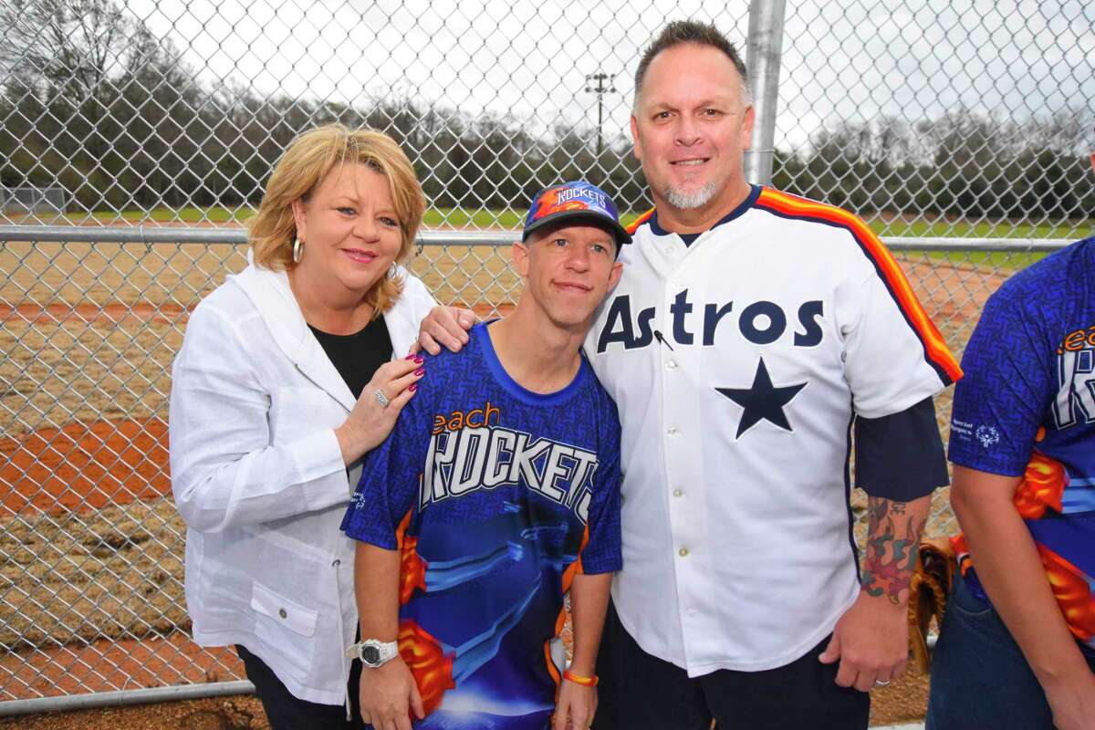 Houston City Council member Brenda Stardig, left, Reach Unlimited's Alex Biescar and former pro baseball player Greg Swindell. Reach Unlimited celebrated the opening of the Reach Unlimited Special Olympics Baseball field Jan. 21. The baseball field is an addition to the Blair Inez Scianna Learning Activity Center and will be the home field for the Reach Rockets Special Olympics team.