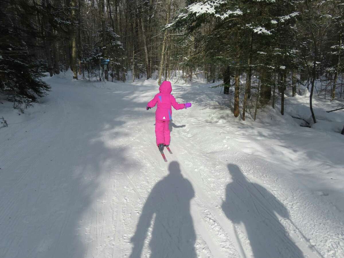 Little Wren uses swinging "gorilla arms" while practicing her cross-country ski technique at Lapland Lake Nordic Vacation Center in Benson. (Herb Terns / Times Union)
