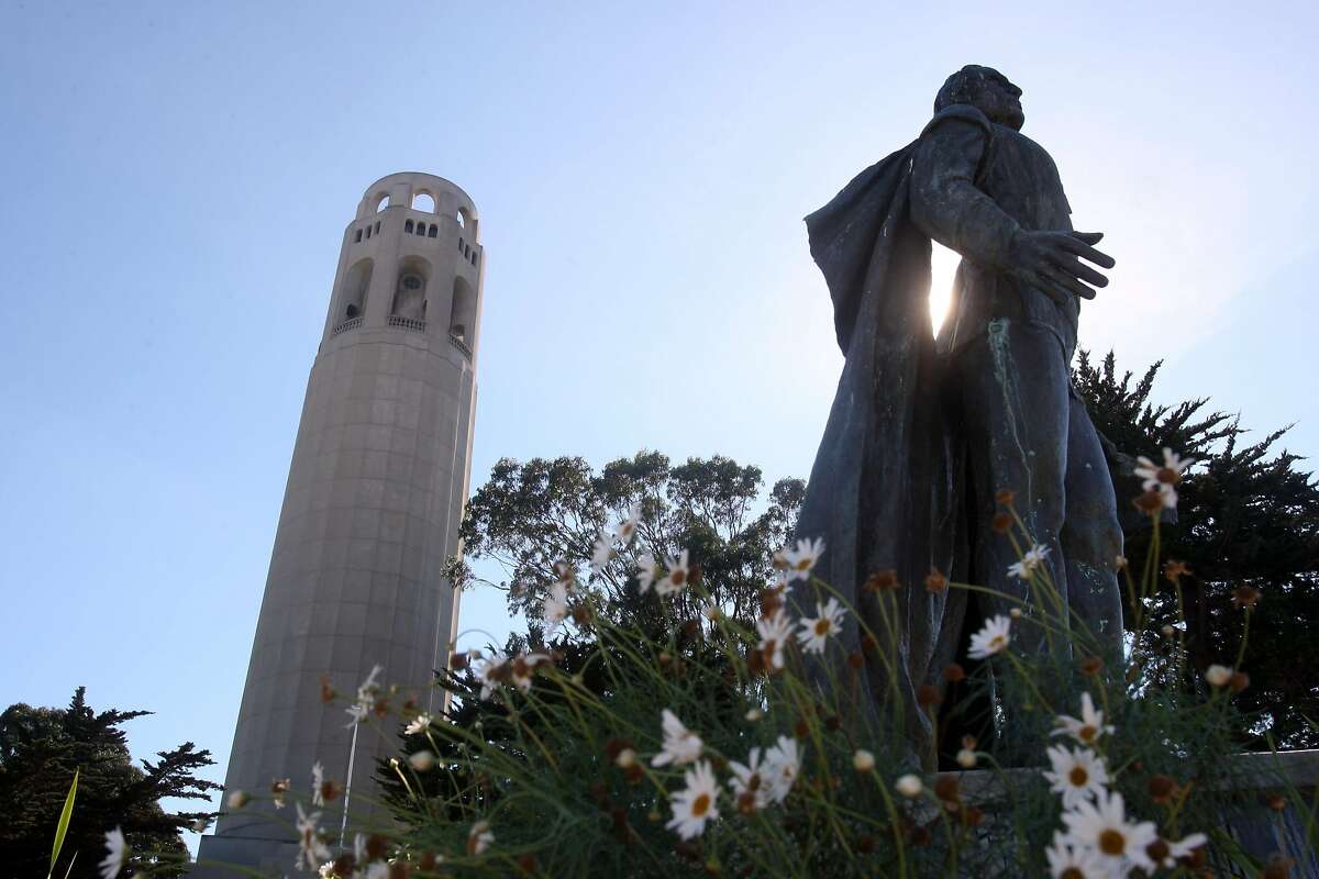 Coit Tower in San Francisco, Calif., is marking its 75th Anniversary on this Saturday. A view of the tower from the parking lot with the statue of Christopher Columbus in the foreground on Tuesday, October 20, 2008.