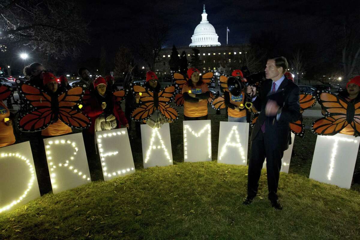 Sen. Richard Blumenthal D-Conn., speaks during a rally in support of Deferred Action for Childhood Arrivals (DACA) outside of the Capitol, Sunday, Jan. 21, 2018, in Washington. Democrats have been seeking a deal to protect the "Dreamers," who have been shielded against deportation by DACA, which President Donald Trump halted last year.