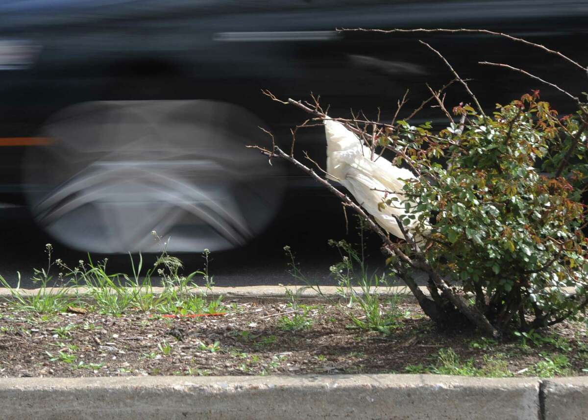 A plastic bag is stuck in a bush near Riverside Commons shopping center in the Riverside section of Greenwich, Conn. Monday, May 8, 2017.