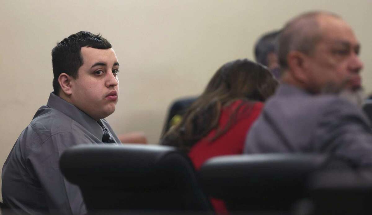 Ryan Rodriguez, left, looks around Tuesday, Jan. 23, 2018 during his manslaughter trial in the 437th state District Court. Rodriguez is charged with finding a gun at a party June 28, 2016 that he says he thought was unloaded and pointing it at the head of 14-year-old Melody Cerros before pulling the trigger. Cerros died instantly from the fatal gunshot wound.
