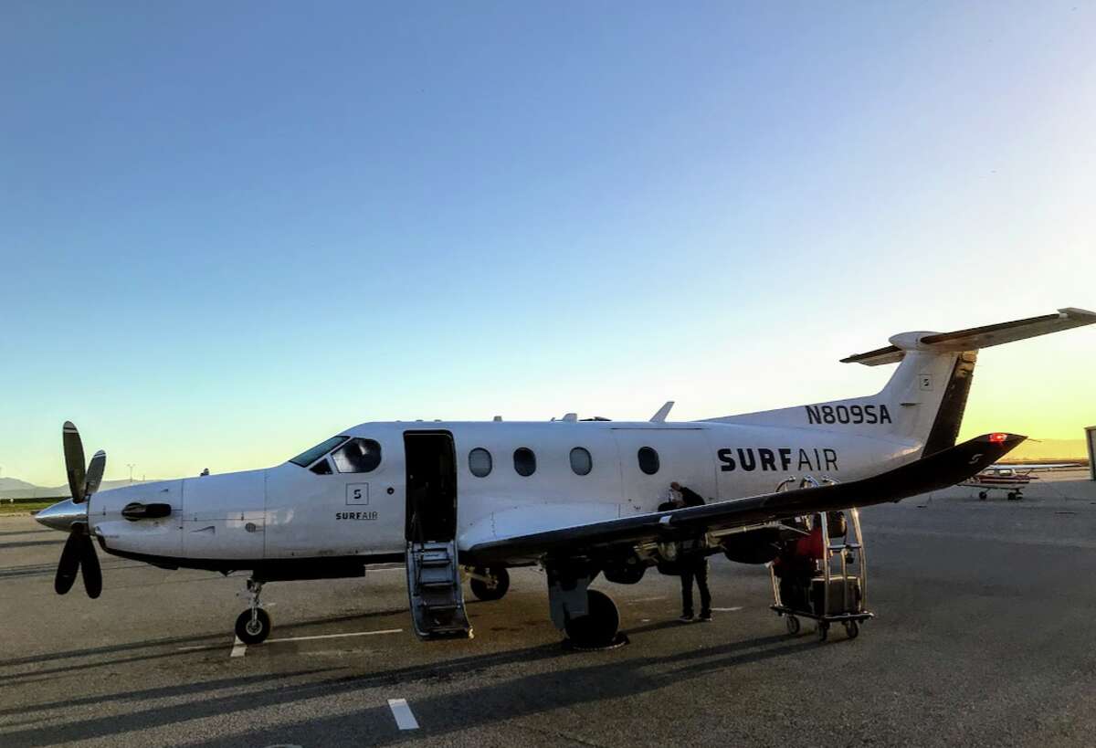 Surf Air Pilatus PC-12 plane with an enormous four-blade prop and seats for 8 passengers.