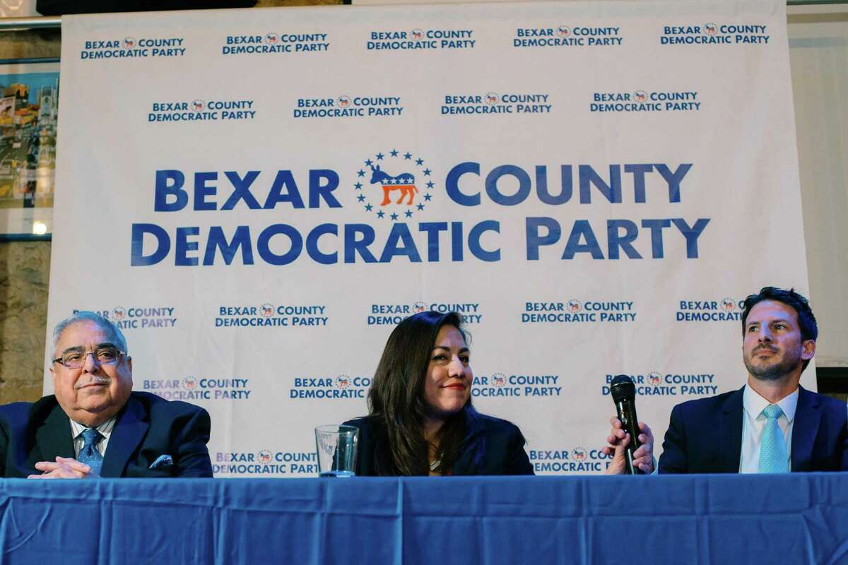 The three Democratic candidates for Precinct 2 on Bexar County Commissioners Court, Paul Elizondo (from left), Queta Rodriguez and Mario Bravo, met for their first debate of the campaign at Cadillac Bar on Jan. 23, 2018.