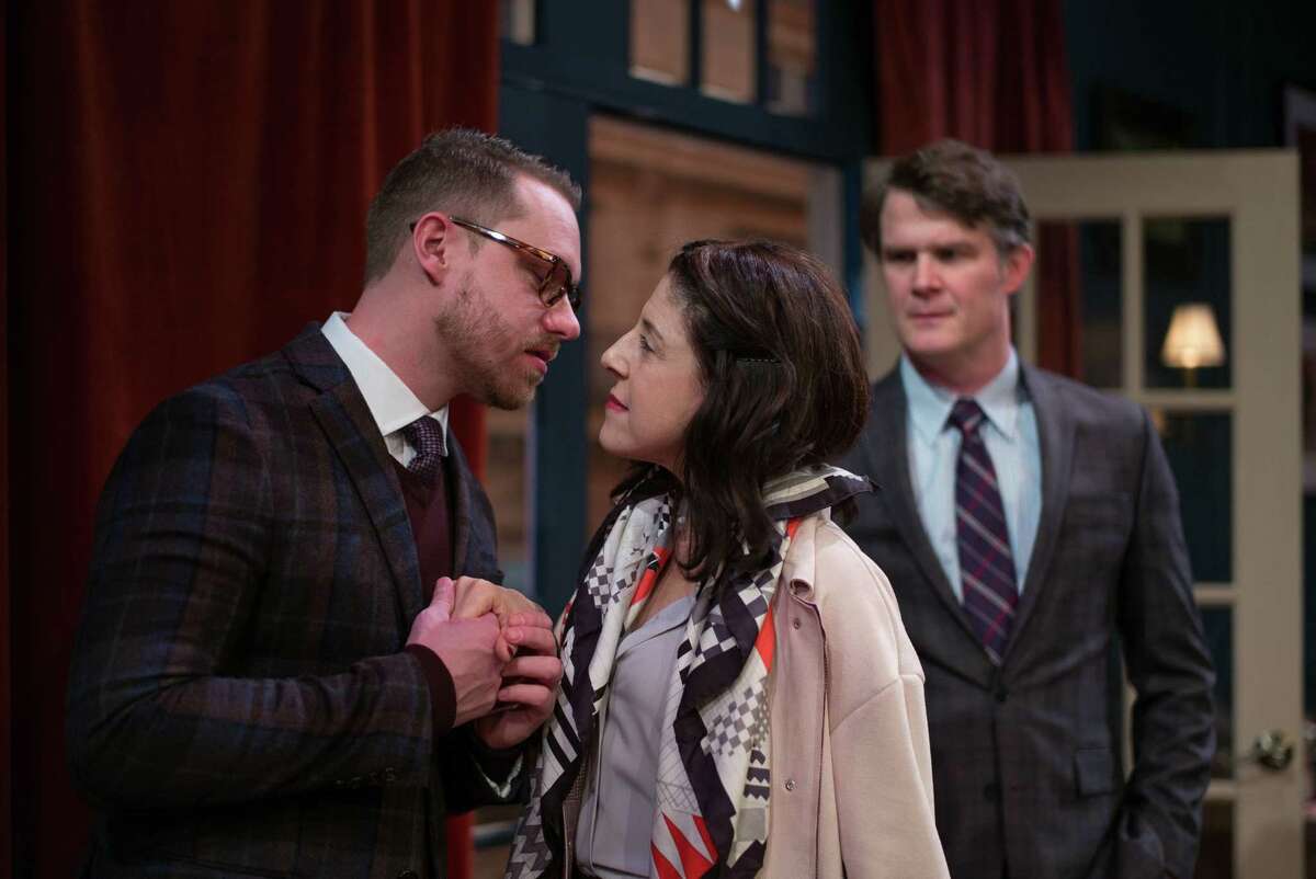 A drama that looks behind the headlines at anti-semitism in today?s France. this winner of theREP?s Next Act Play Summit 5, brings today?s issues right into our living rooms. From left: Tom Templeton (Philippe), Kelly Wolf (Deborah), and Marcel Jeannin (Charlie). (Photo by Richard Lovrich Proctors)