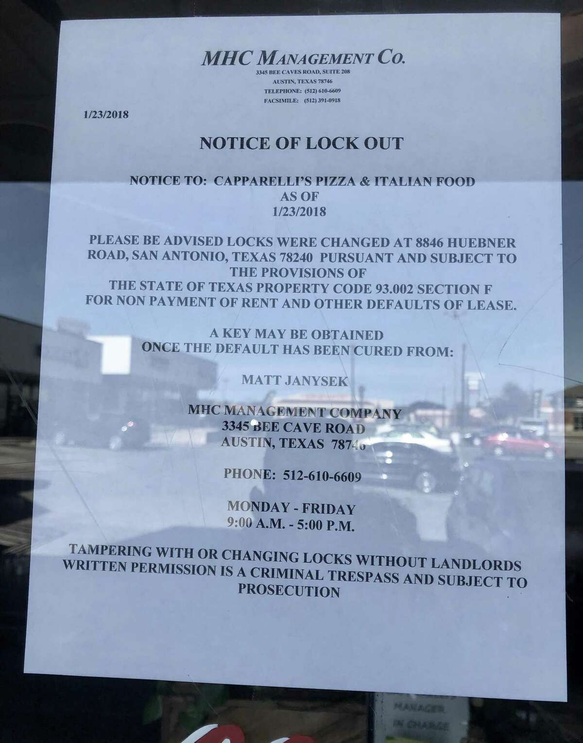 A notice of lockout was placed on the door of the Capparelli's Pizza & Italian Food location on Tuesday at 8846 Huebner Road.